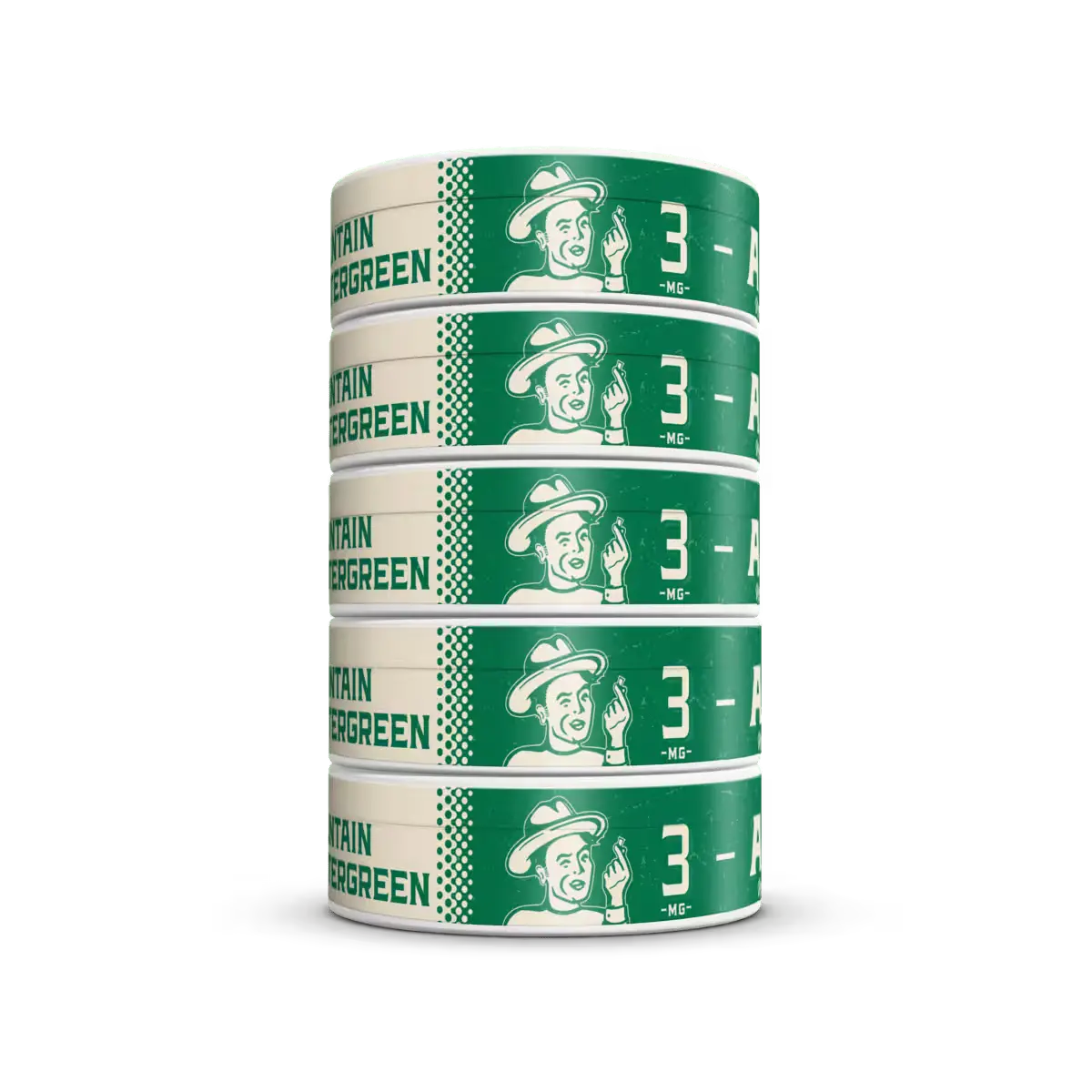 Stacked "ALP Mountain Wintergreen" nicotine pouches containers displaying 3 mg strength on the side label