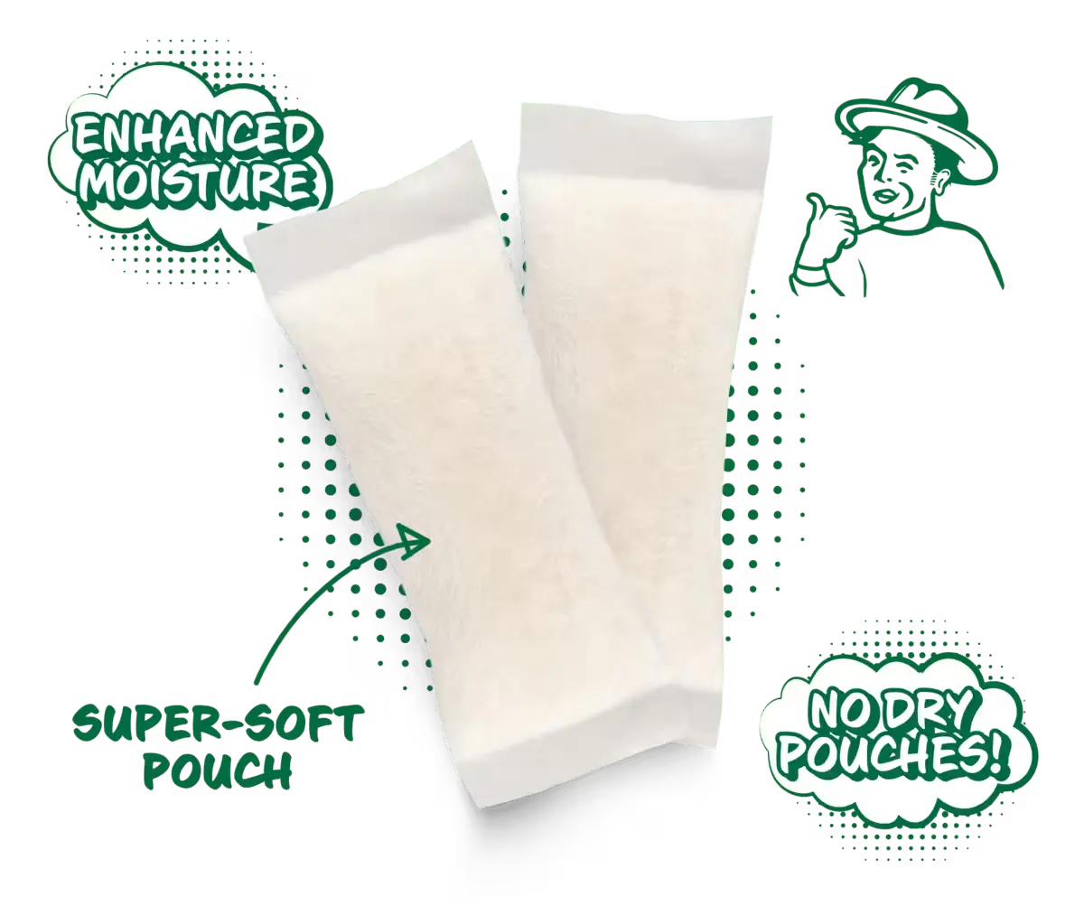 Super-soft nicotine pouches highlighted with "Enhanced Moisture" and "No Dry Pouches" text, plus an illustrated figure