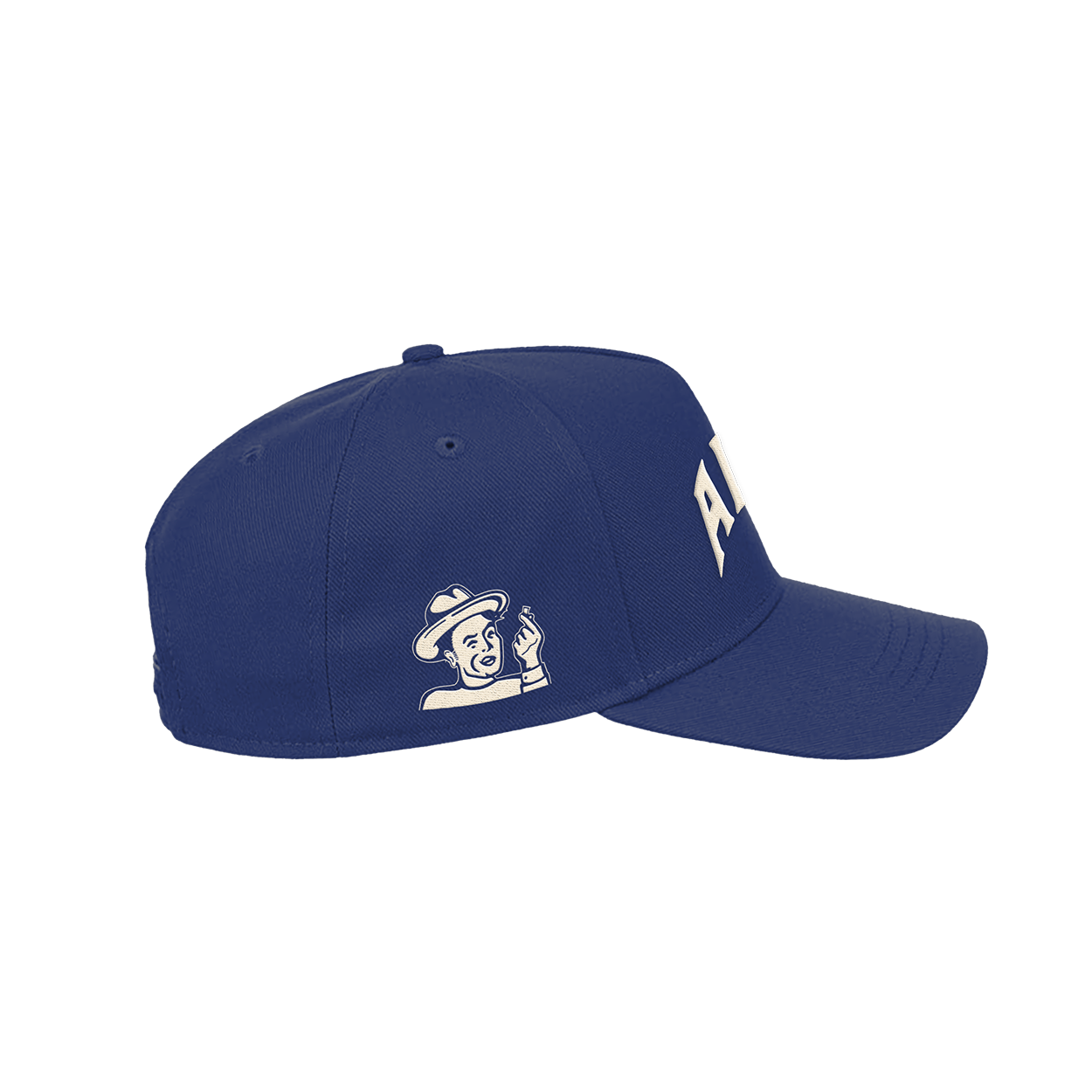 ALP nicotine pouches logo baseball cap in solid blue with white embroidered lettering.