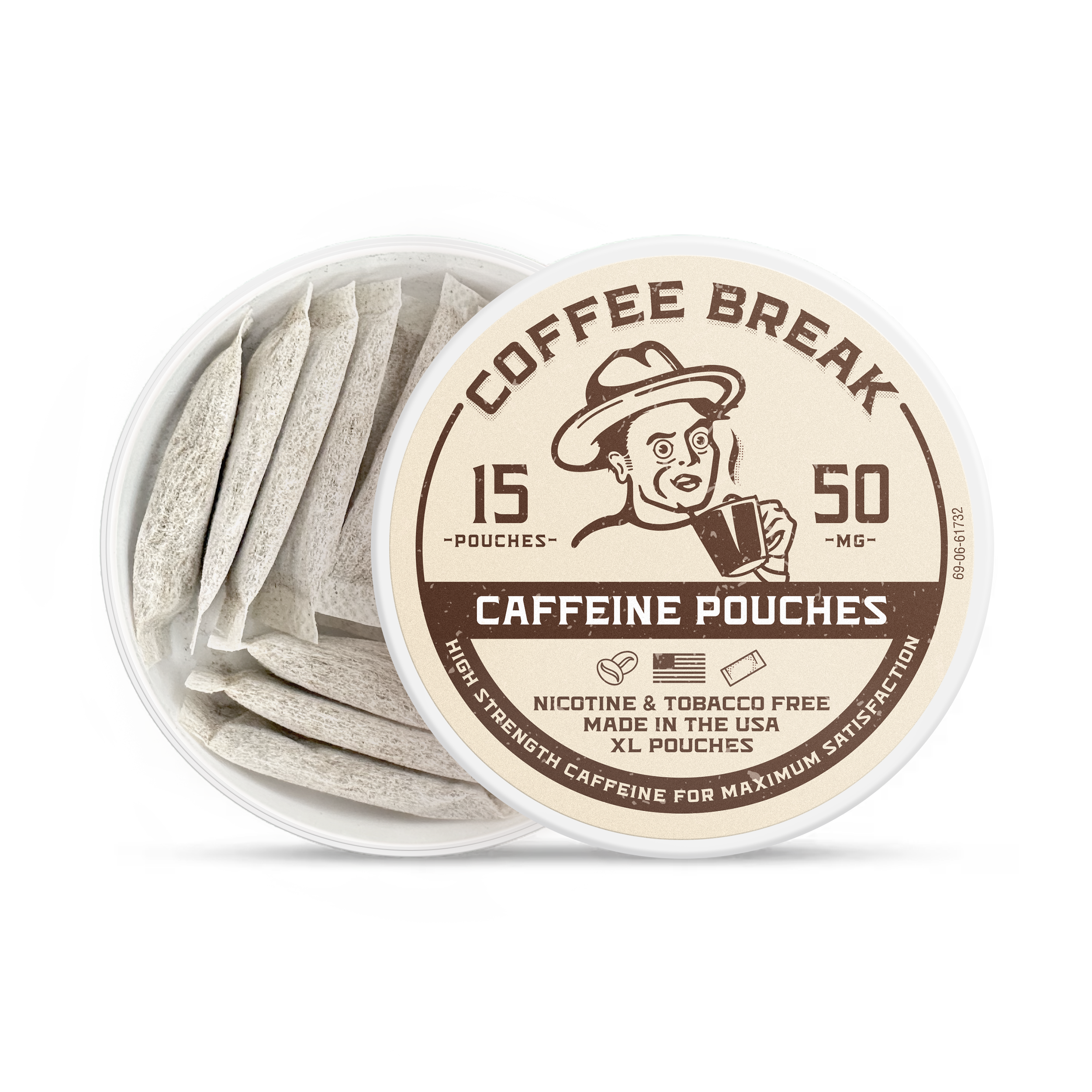 Coffee nicotine pouches in a round white container labeled “Coffee Break” with 15 tobacco-free pouches and 50mg caffeine.