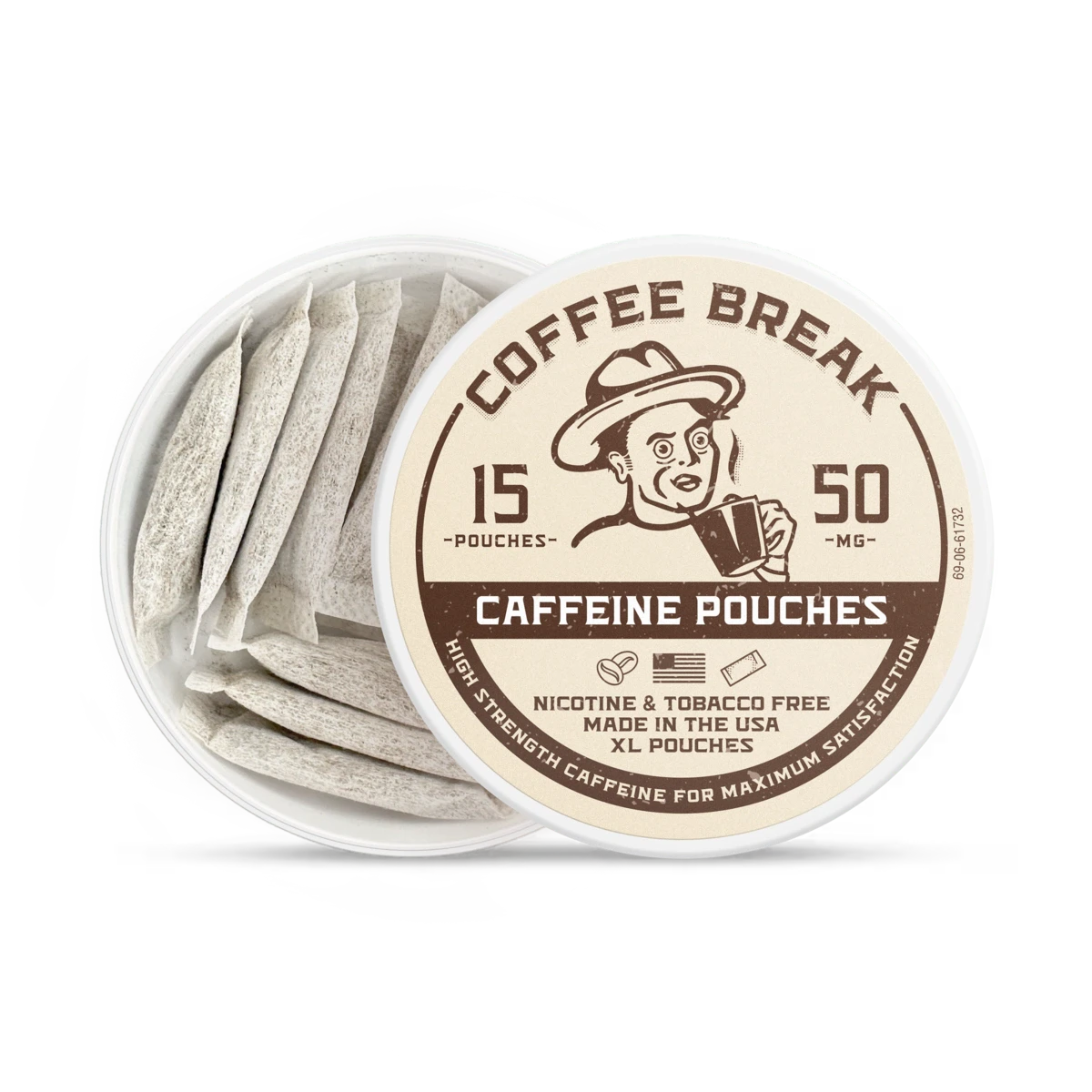 Coffee nicotine pouches in a round white container labeled “Coffee Break” with 15 tobacco-free pouches and 50mg caffeine.