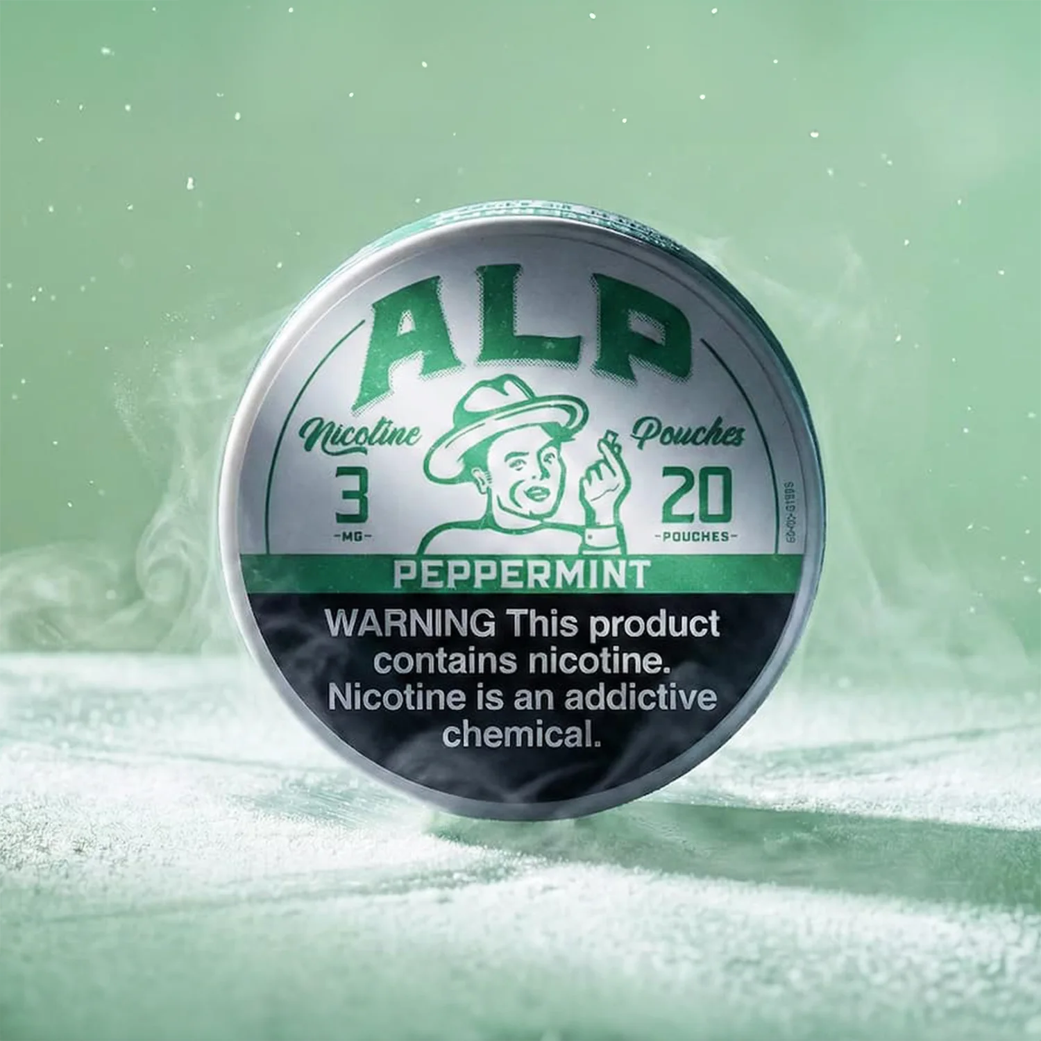 ALP peppermint nicotine pouches container showing 3mg strength, 20 pouches with nicotine warning label