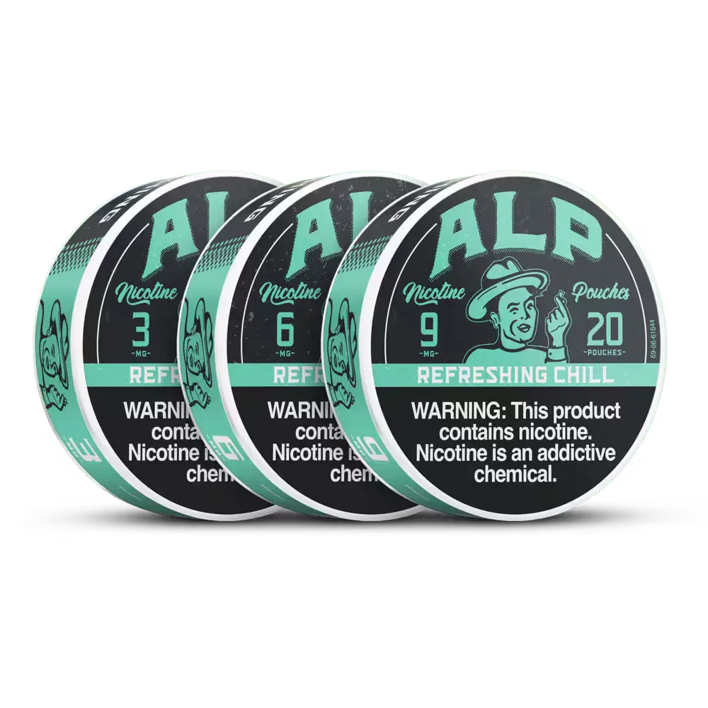 ALP nicotine pouches in three strengths, labeled "Refreshing Chill," with a warning about nicotine's addictive nature