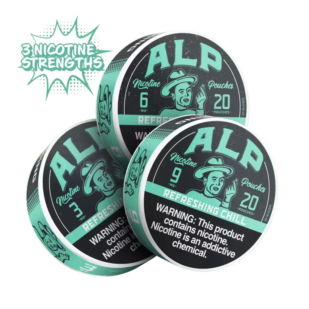 ALP Refreshing Chill pouches in three nicotine strengths: 3 mg, 6 mg, and 9 mg, each containing 20 pouches