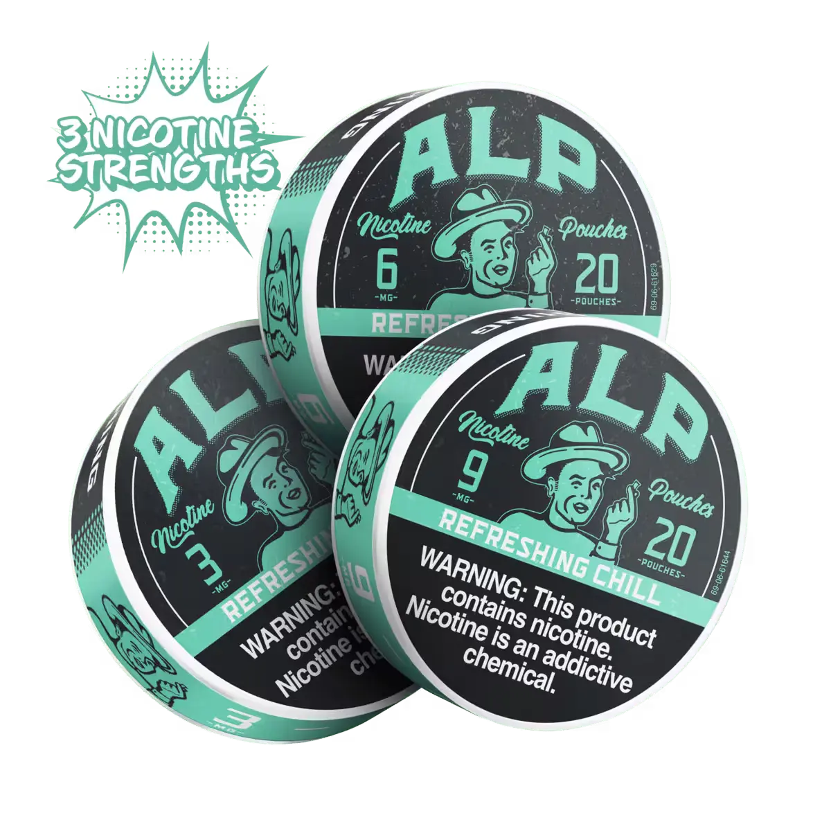 ALP Refreshing Chill pouches in three nicotine strengths: 3 mg, 6 mg, and 9 mg, each containing 20 pouches