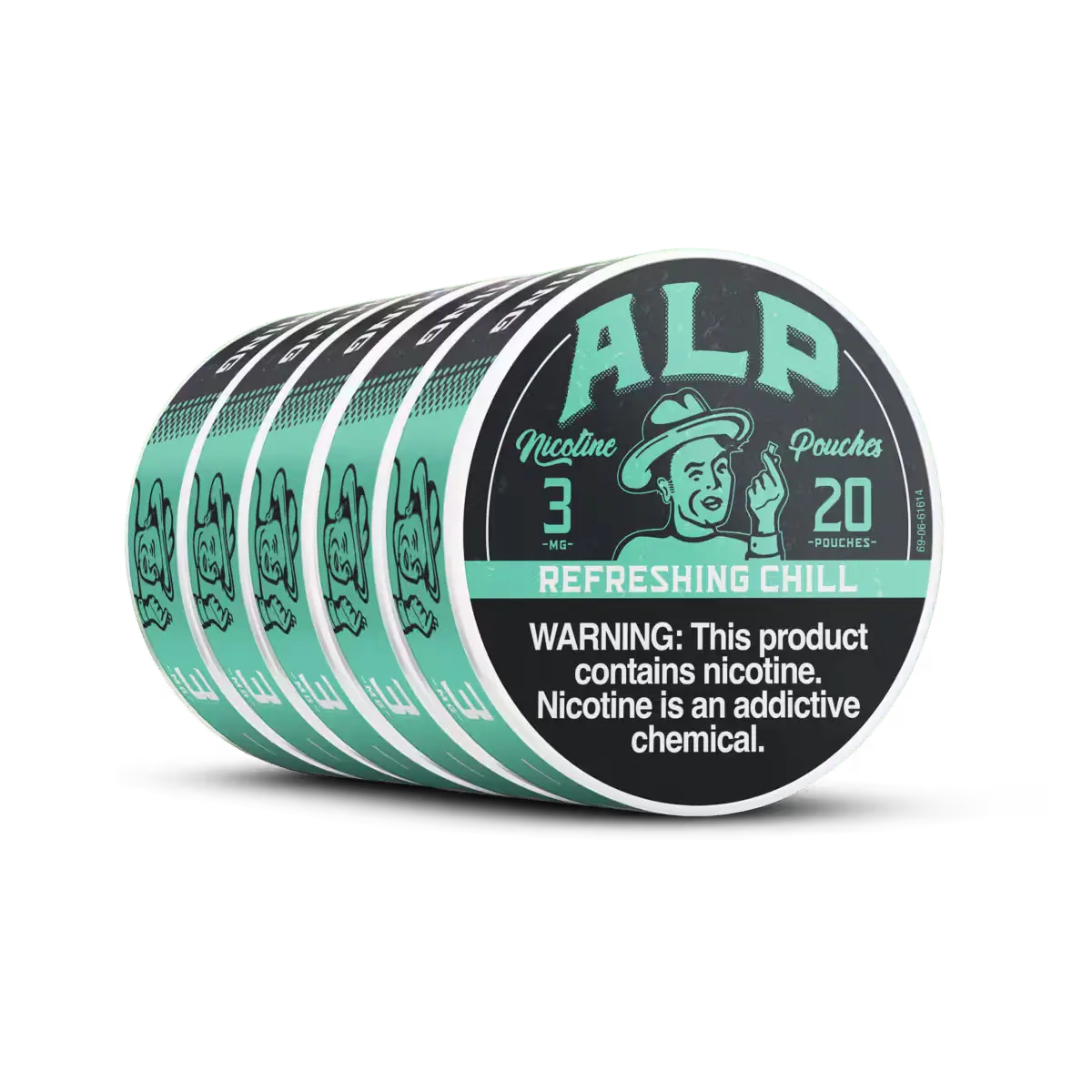 Five stacked cans of ALP nicotine pouches in "Refreshing Chill" flavor with a nicotine warning label visible