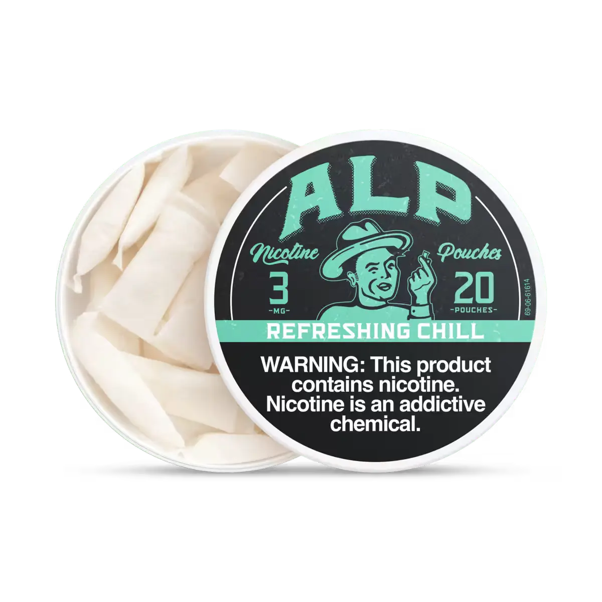 An open can of ALP "Refreshing Chill" nicotine pouches showing white pouches, labeled with 3 mg nicotine and 20 pouches