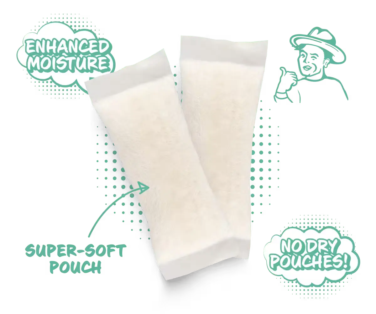 Two soft white pouches labeled "Enhanced Moisture" and "Super-Soft Pouch" with "No Dry Pouches!" text on the side