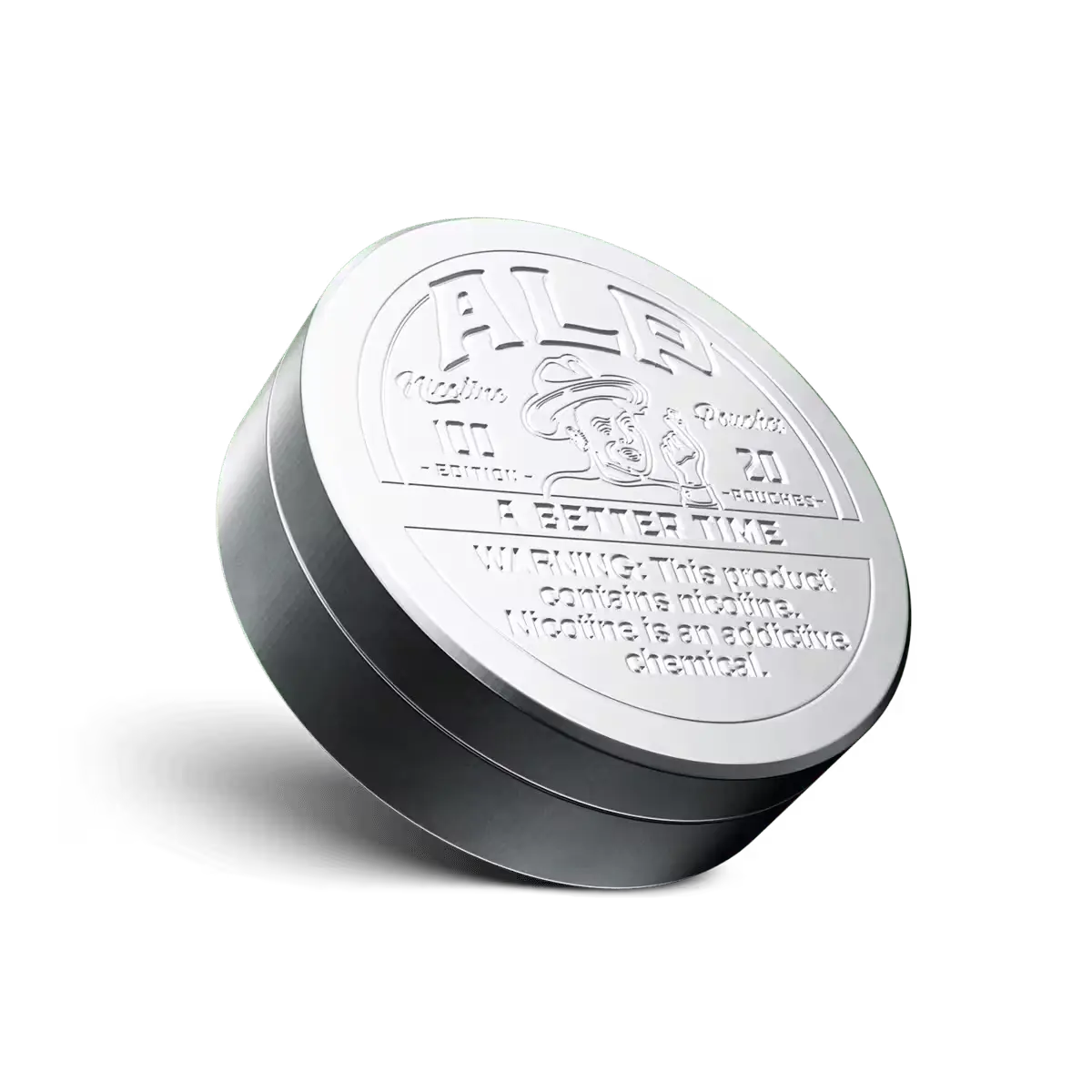 Angled view of a silver "ALP" limited edition nicotine pouches container with tilted embossed branding and a warning label