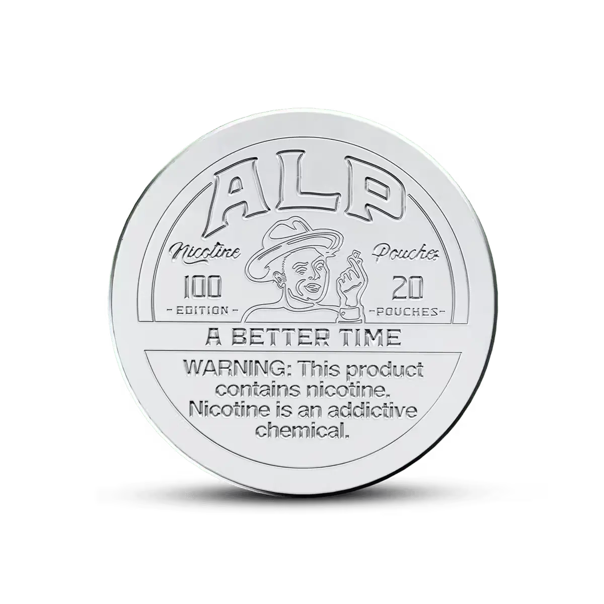 Front view of a silver "ALP" limited edition nicotine pouches container with embossed logo and warning label