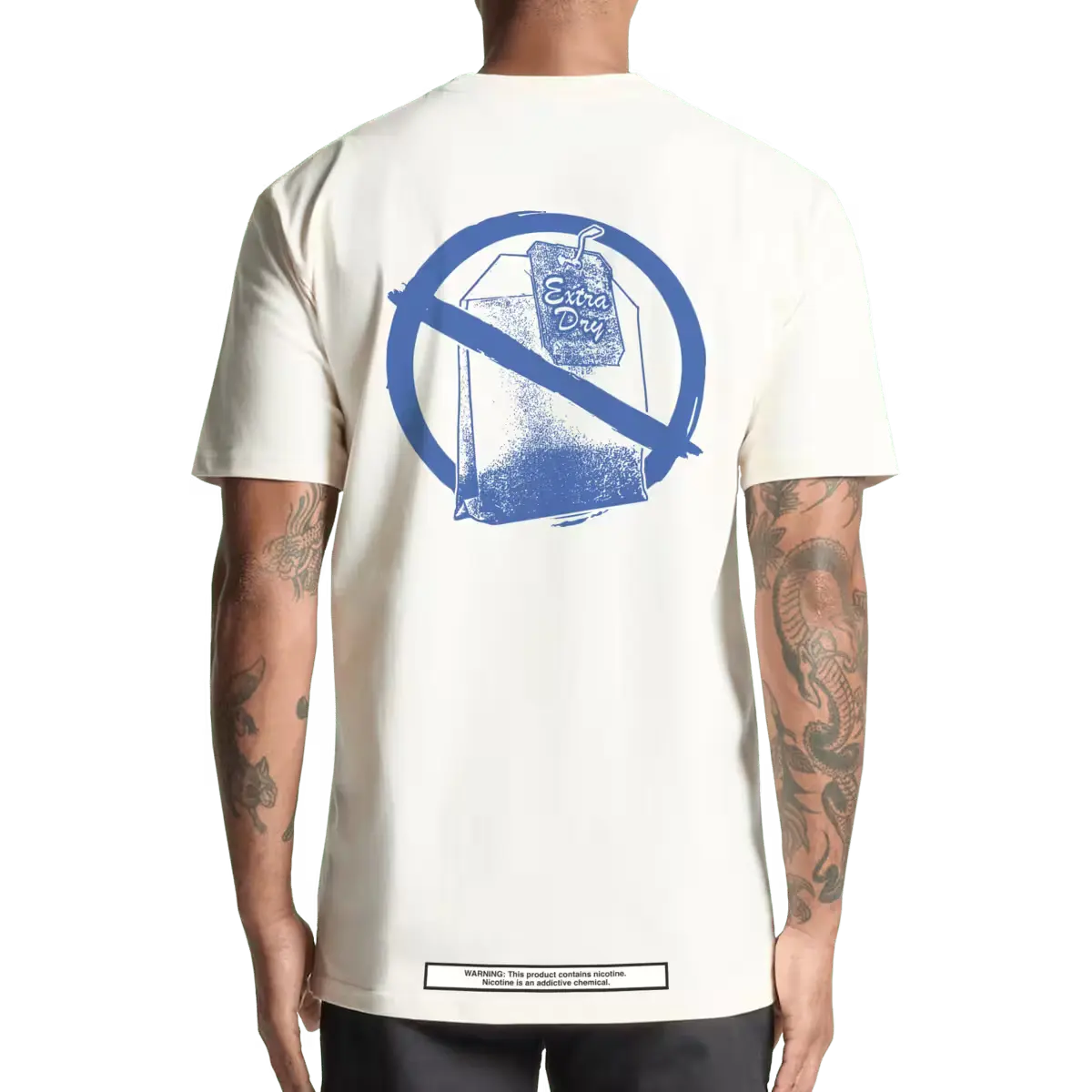 Man wearing a white T-shirt with a blue "No Extra Dry" symbol graphic on the back