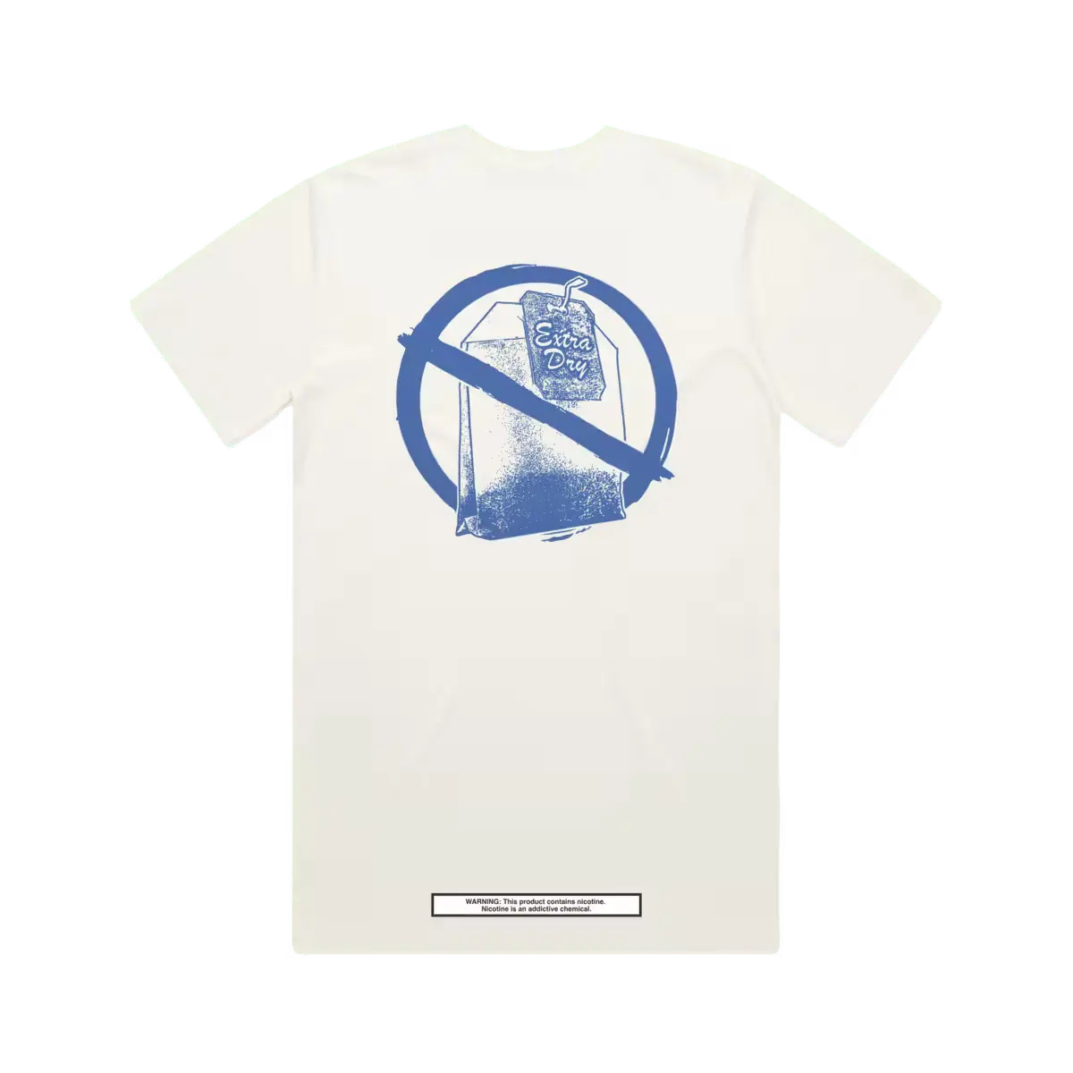 Back view of an off-white T-shirt with a blue graphic showing a "No Extra Dry" symbol and warning label at the bottom