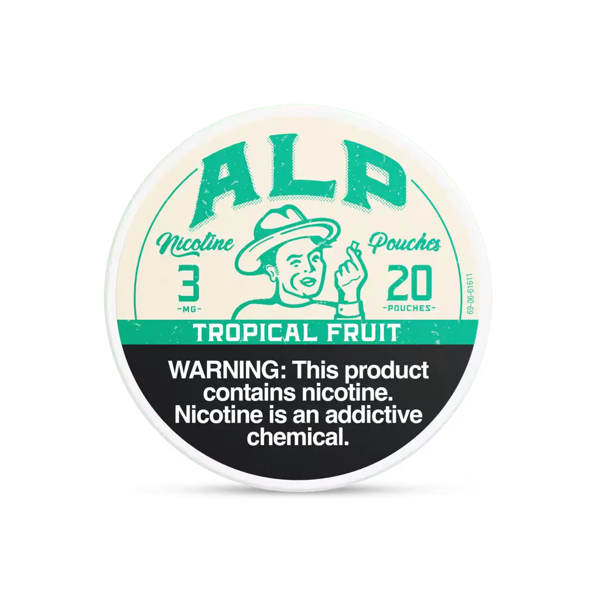 "ALP Tropical Fruit" nicotine pouches container with a clear nicotine addiction warning label