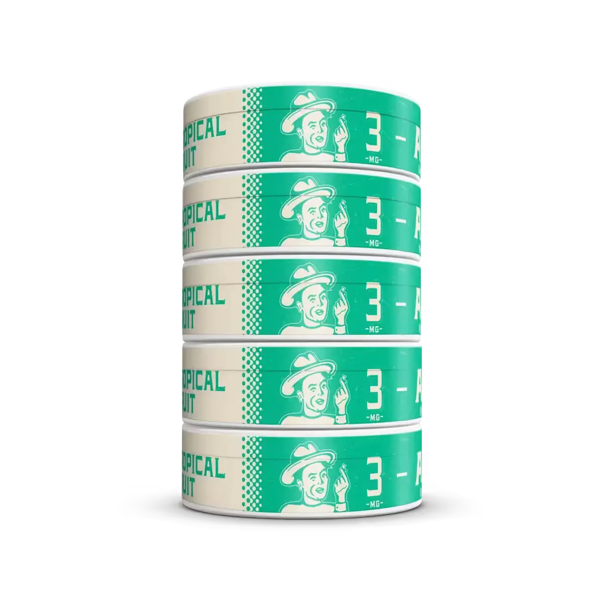 Stacked "ALP Tropical Fruit" nicotine pouches containers showing 3 mg strength on the side labels