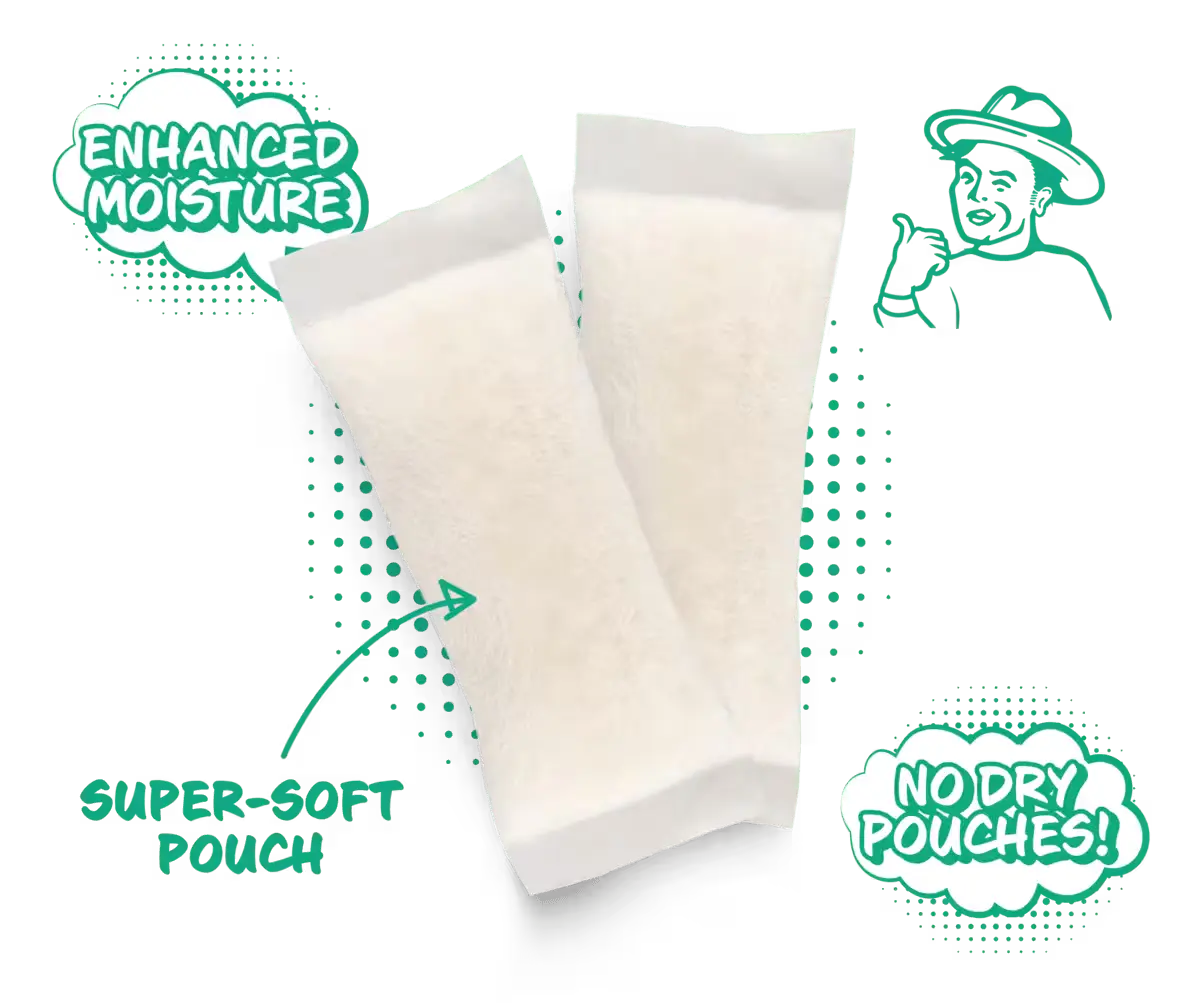 Two super-soft nicotine pouches labeled with "Enhanced Moisture" and "No Dry Pouches" graphics and illustrated figure