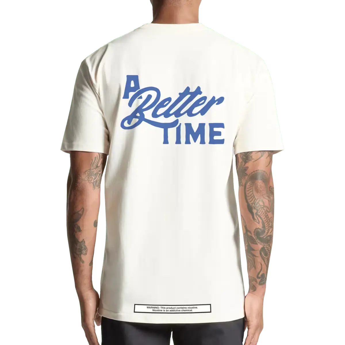 A Better Time white t-shirt from ALP nicotine pouches featuring a large blue text design on the back & a small warning label at the bottom.