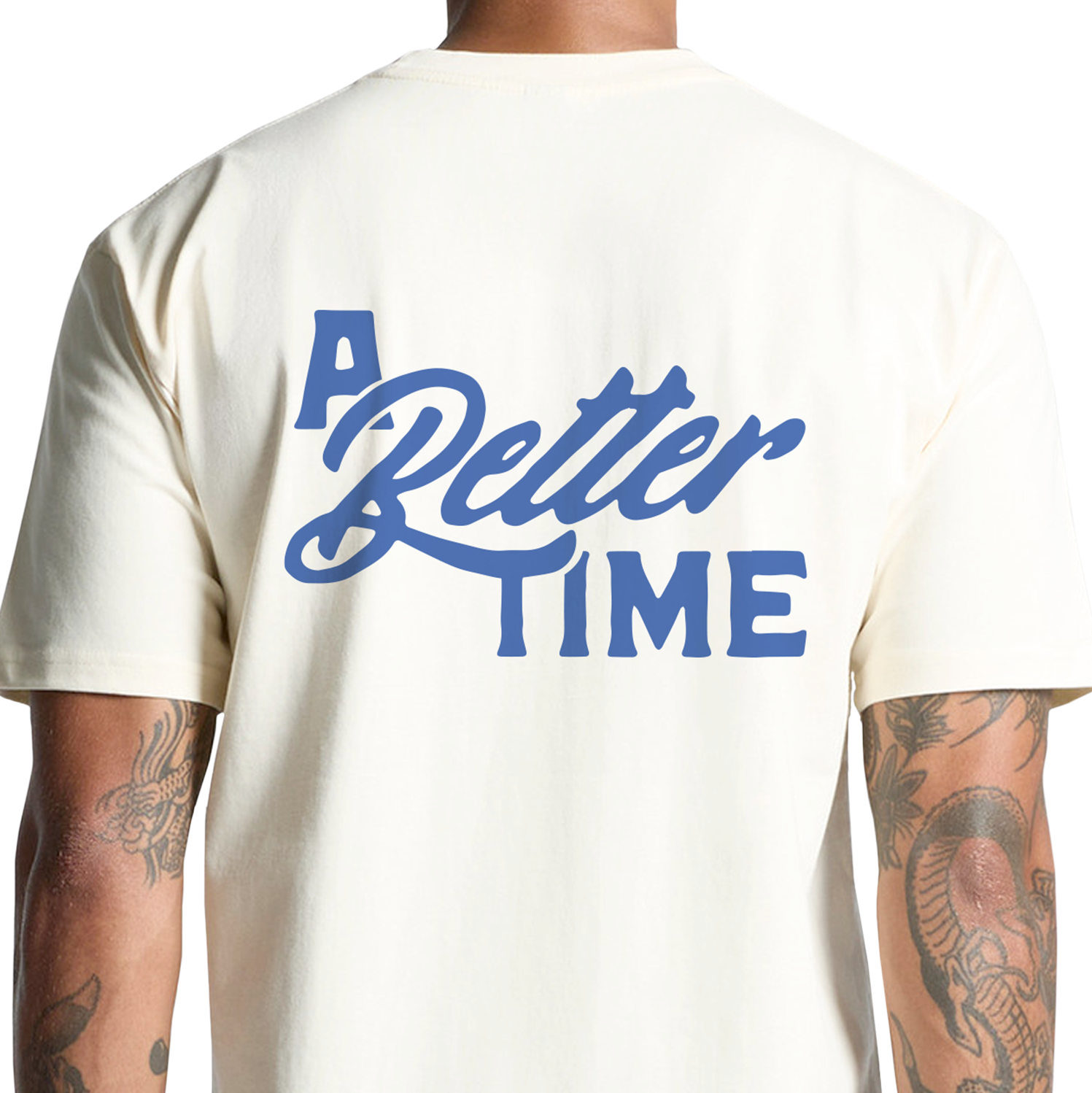 A Better Time white t-shirt from ALP nicotine pouches featuring a large blue text design on the back and a small warning label at the bottom.