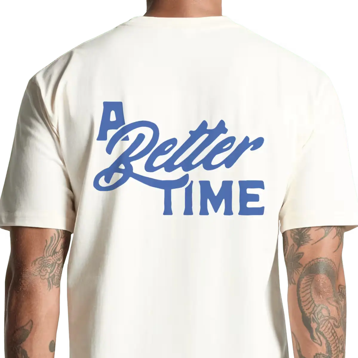 Back view of a white t-shirt with blue "A Better Time" text in a bold, stylized font.