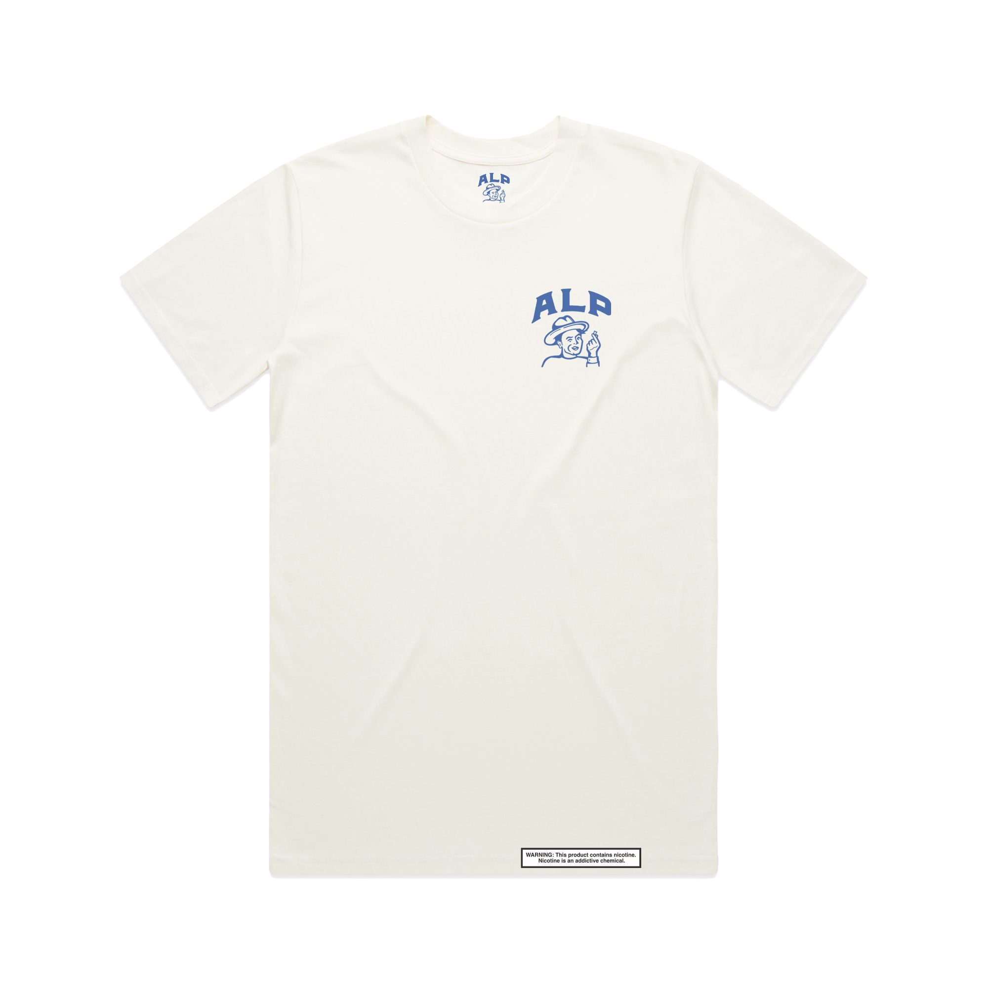 A Better Time white t-shirt from ALP nicotine pouches featuring a large blue text design on the back and a small warning label at the bottom.