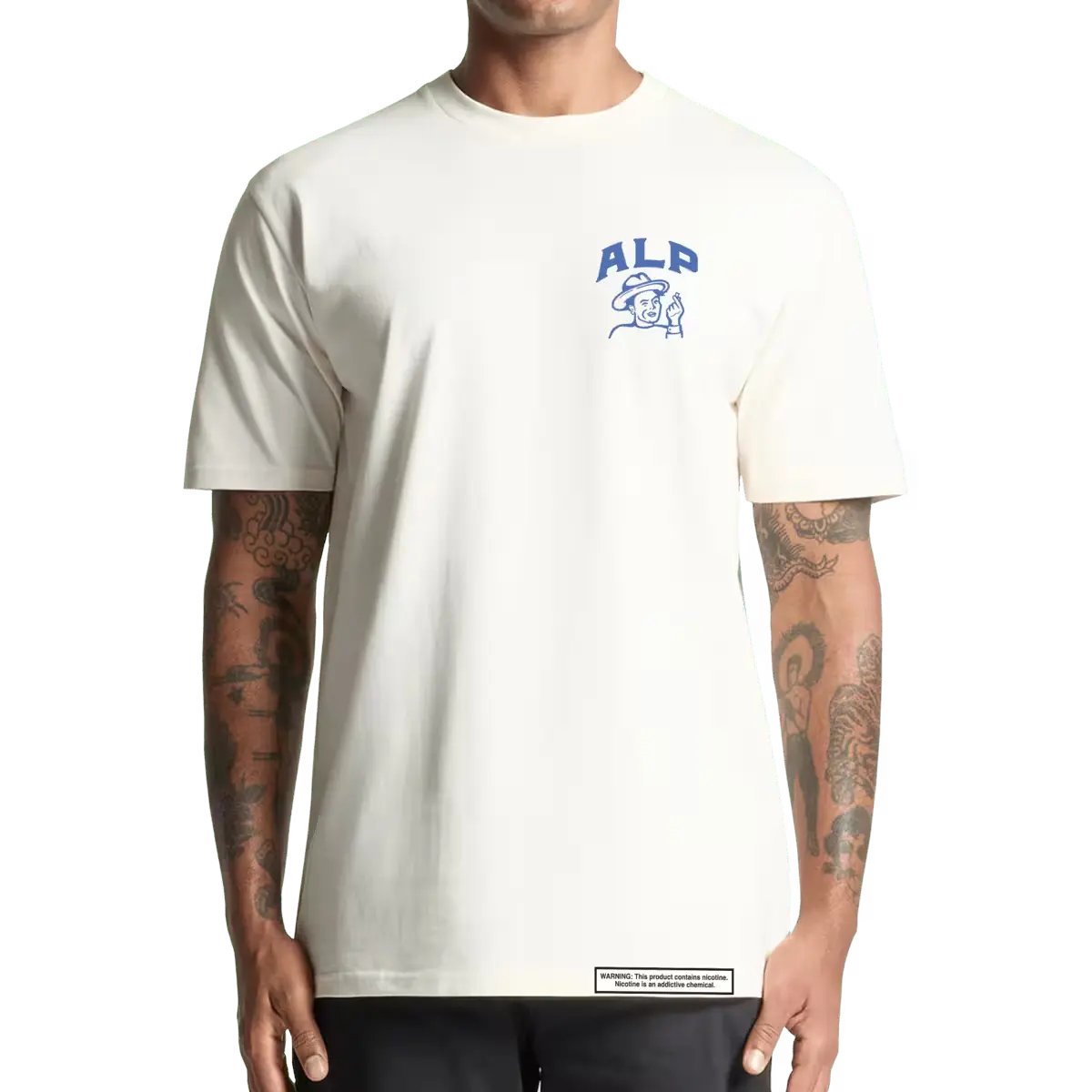 Man wearing a white T-shirt featuring the "ALP" logo in blue on the chest