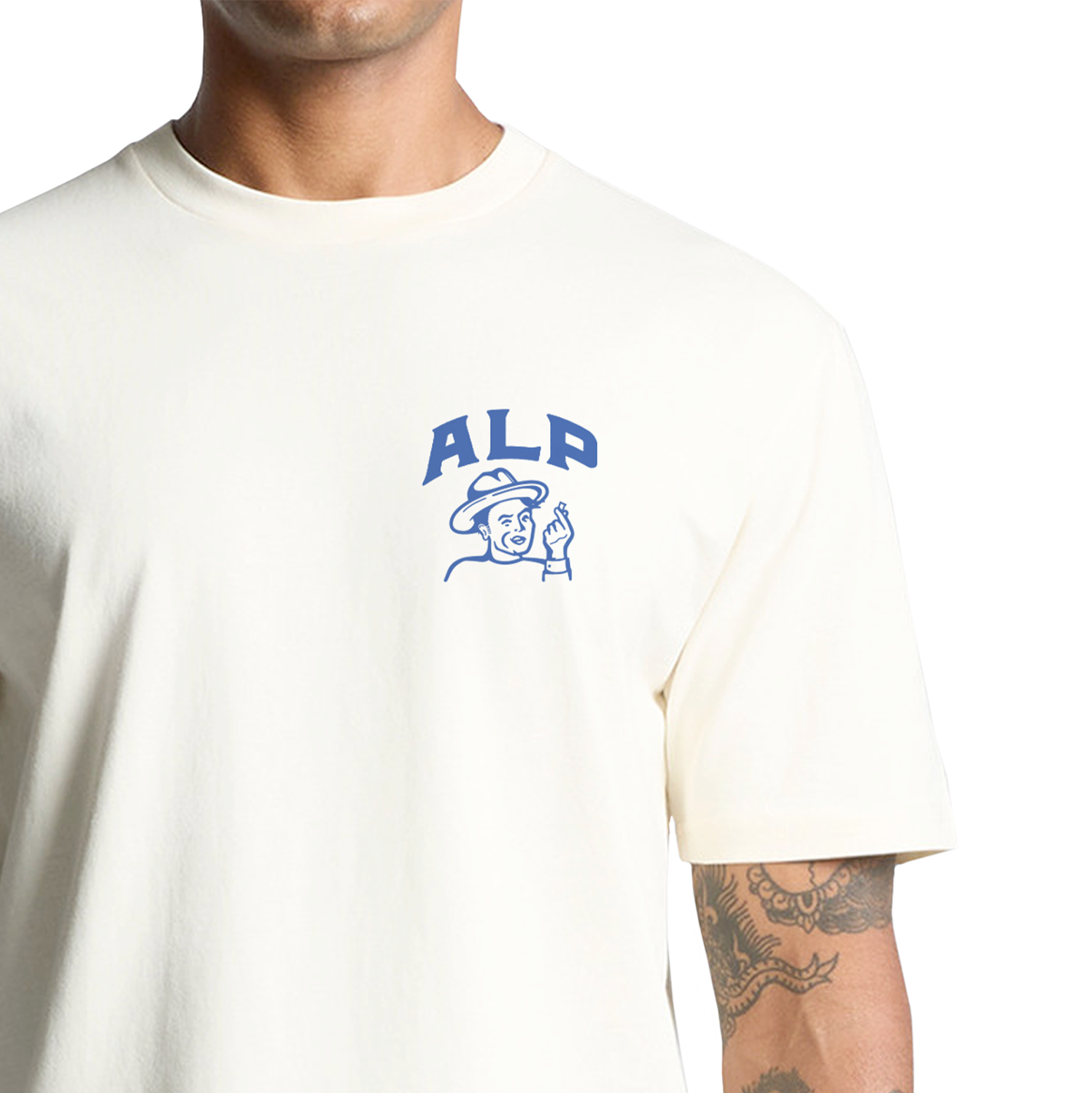 A Better Time white t-shirt from ALP nicotine pouches featuring a large blue text design on the back and a small warning label at the bottom.