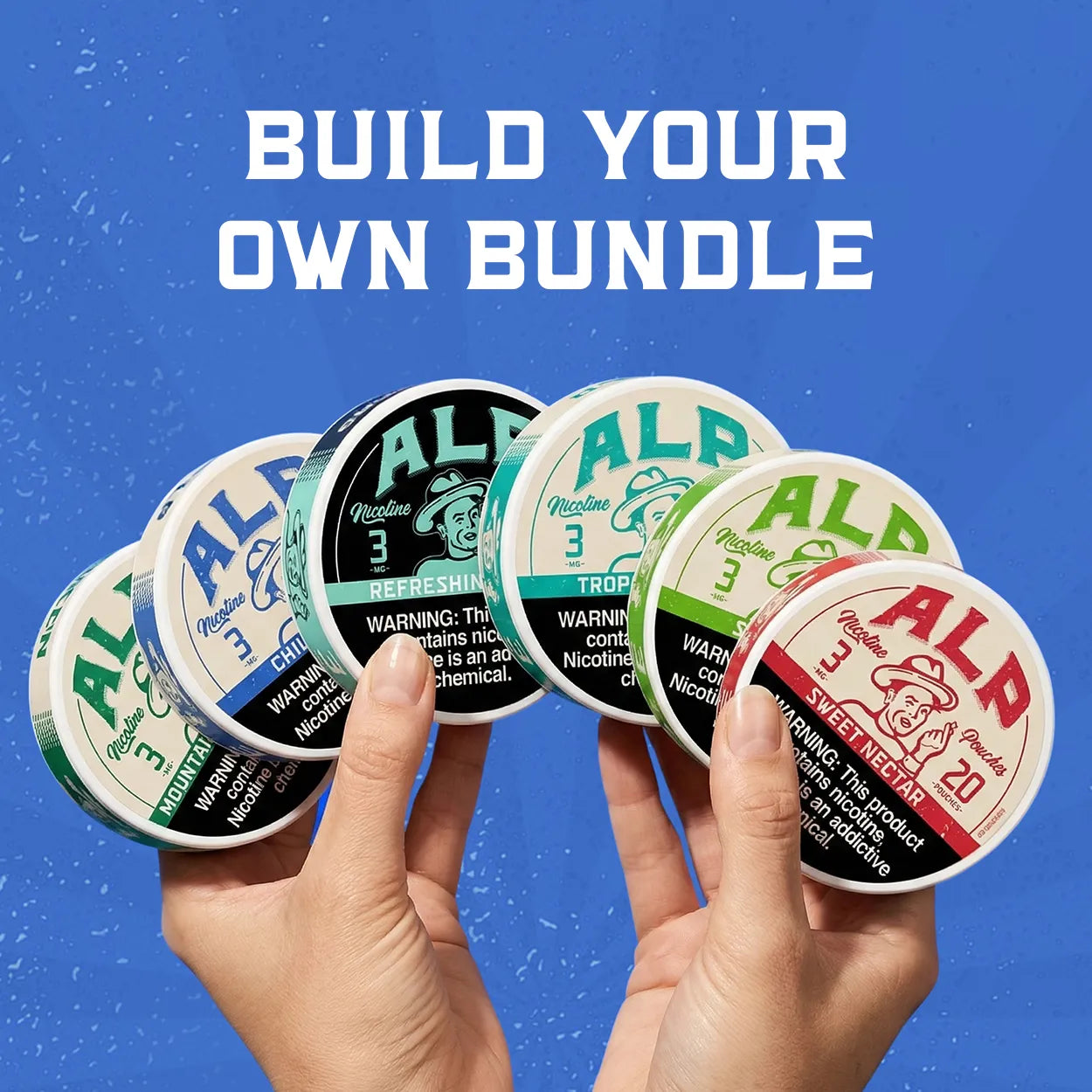 Hand holding five ALP nicotine pouch tins in assorted flavors fanned out against a blue background.