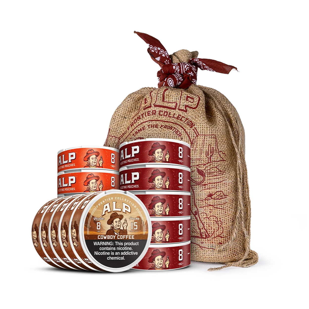 ALP Frontier Collection Expansion Pack with 3 nicotine pouch flavors and a limited edition burlap bag