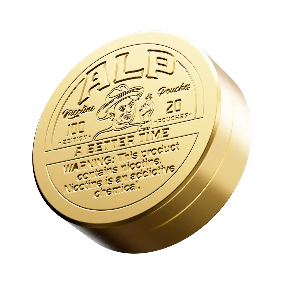 Gold "ALP" nicotine pouches container marked as a limited edition with a nicotine warning label embossed on the lid