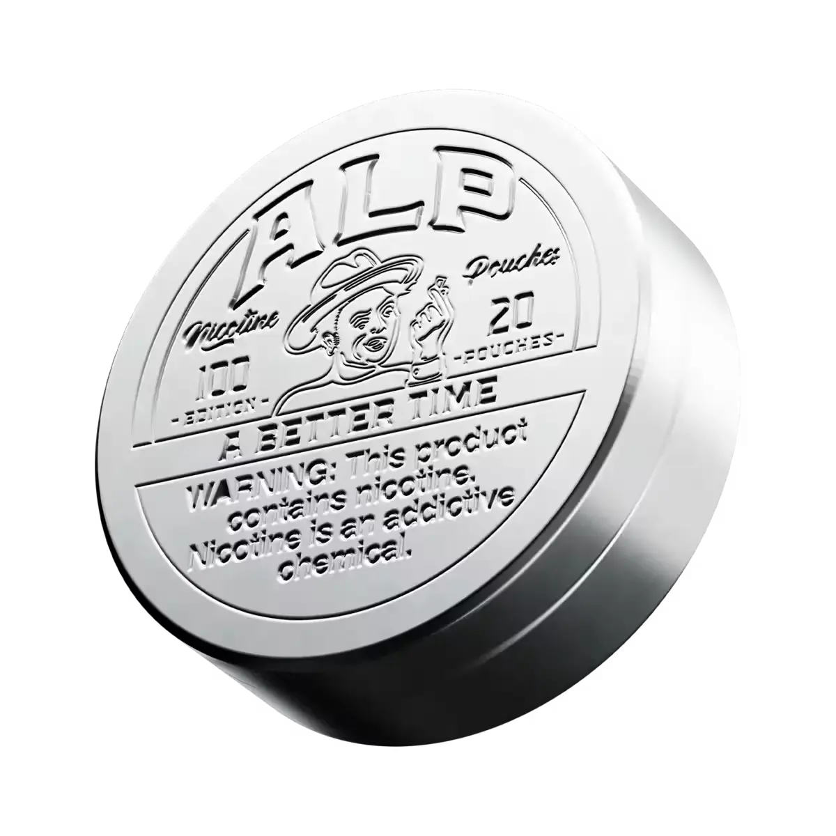 Embossed silver ALP tin with "A Better Time" branding, displaying a nicotine warning label